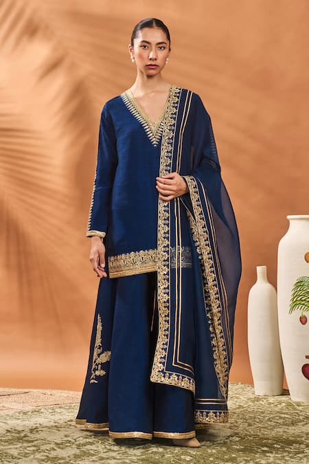 Shop Masaba Blue Silk, Organza Embroidery V-neck Trikone Sharara Set Online at Aza Fashions Shop_Masaba_Blue Silk, Organza Embroidery V-neck Trikone Sharara Set _Online_at_Aza_Fashions