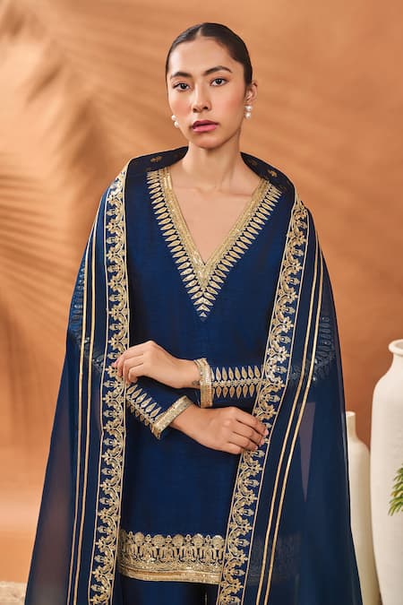 Masaba Blue Silk, Organza Embroidery V-neck Trikone Sharara Set at Aza Fashions Masaba_Blue Silk, Organza Embroidery V-neck Trikone Sharara Set _at_Aza_Fashions