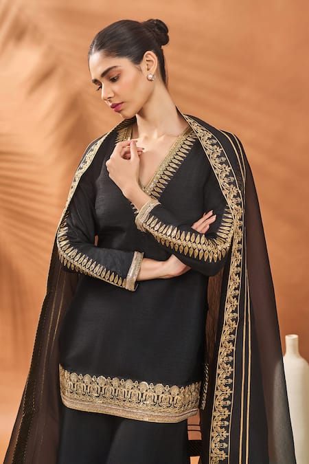Masaba Black Silk, Organza Embroidery V-neck Trikone Sharara Set at Aza Fashions Masaba_Black Silk, Organza Embroidery V-neck Trikone Sharara Set _at_Aza_Fashions