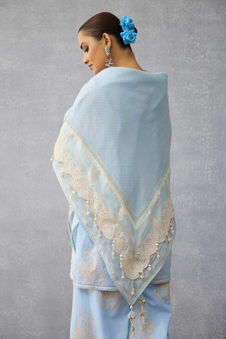 Shop Torani Blue Embroidery, Tassels Pushkar Yashvi Scarf at Aza Fashions Shop_Torani_Blue Embroidery, Tassels Pushkar Yashvi Scarf _at_Aza_Fashions