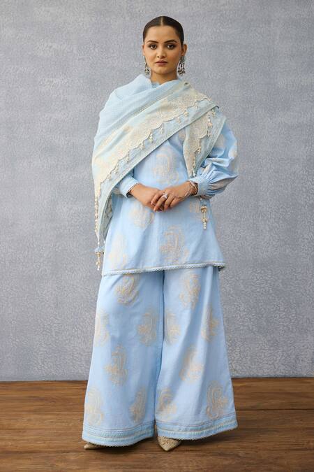 Shop Torani Blue Embroidery, Tassels Pushkar Yashvi Scarf Online at Aza Fashions Shop_Torani_Blue Embroidery, Tassels Pushkar Yashvi Scarf _Online_at_Aza_Fashions