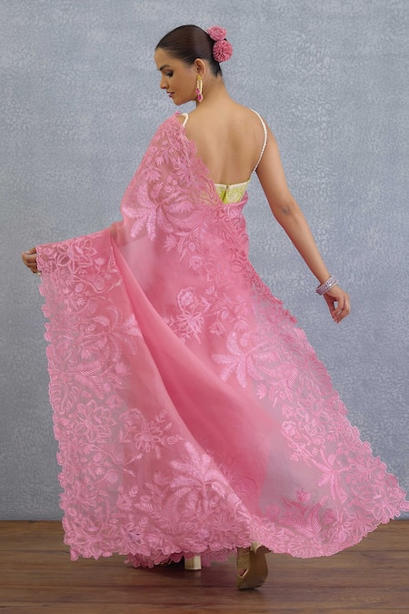 Shop_Torani_Pink Organza Embroidery Kamalini Advika Designer Saree _at_Aza_Fashions