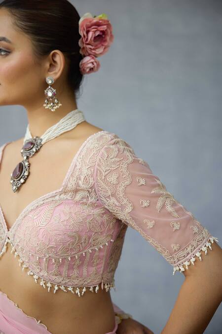 Buy Torani Pink Net Pearls Sweetheart Neck Gulaban Pankhuri Designer Blouse Online at Aza Fashions Buy_Torani_Pink Net Pearls Sweetheart Neck Gulaban Pankhuri Designer Blouse _Online_at_Aza_Fashions