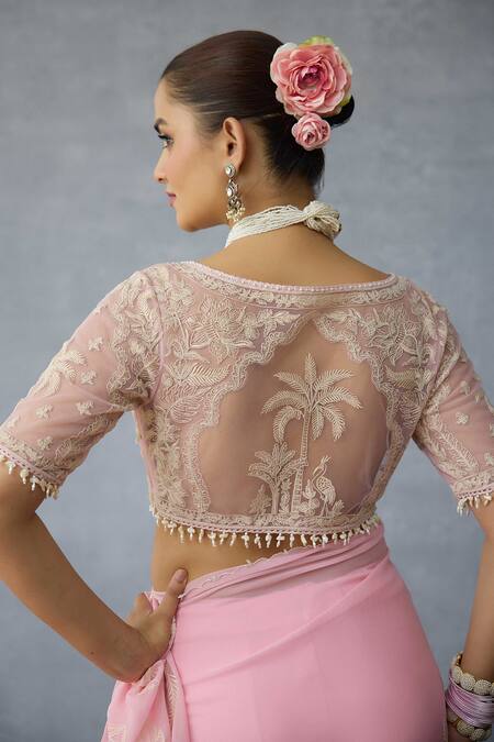 Shop Torani Pink Net Pearls Sweetheart Neck Gulaban Pankhuri Designer Blouse Online at Aza Fashions Shop_Torani_Pink Net Pearls Sweetheart Neck Gulaban Pankhuri Designer Blouse _Online_at_Aza_Fashions