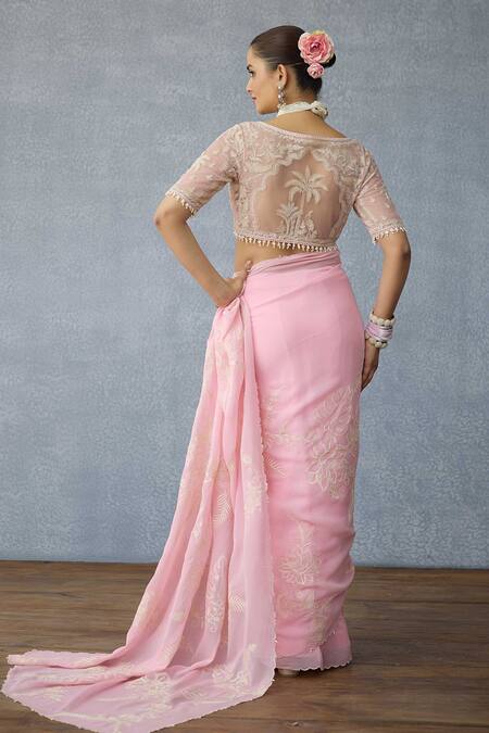 Torani Pink Net Pearls Sweetheart Neck Gulaban Pankhuri Designer Blouse at Aza Fashions Torani_Pink Net Pearls Sweetheart Neck Gulaban Pankhuri Designer Blouse _at_Aza_Fashions