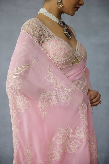 Buy Torani Pink Net Pearls Sweetheart Neck Gulaban Pankhuri Designer Blouse Buy_Torani_Pink Net Pearls Sweetheart Neck Gulaban Pankhuri Designer Blouse