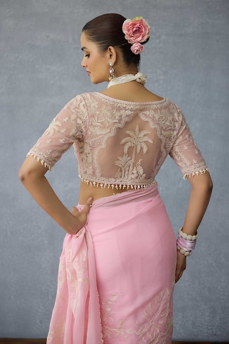 Shop Torani Pink Net Pearls Sweetheart Neck Gulaban Pankhuri Designer Blouse at Aza Fashions Shop_Torani_Pink Net Pearls Sweetheart Neck Gulaban Pankhuri Designer Blouse _at_Aza_Fashions