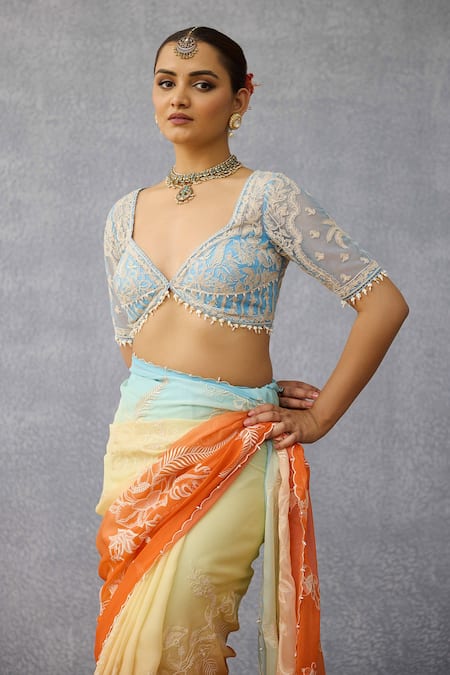 Torani_Blue Net V-neck Designer Pushkar Pankhuri Blouse _Online_at_Aza_Fashions