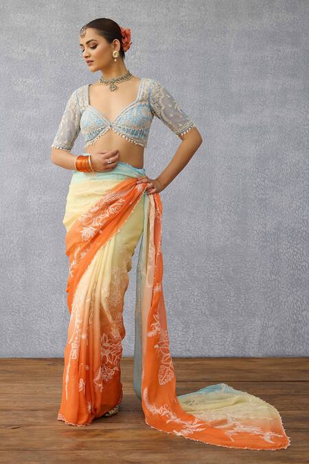 Buy_Torani_Blue Net V-neck Designer Pushkar Pankhuri Blouse _Online_at_Aza_Fashions