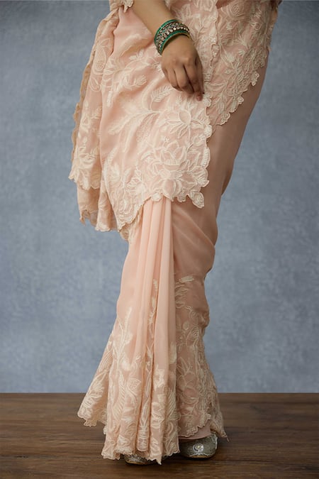 Torani Peach Georgette Embroidery Lace Saree Online at Aza Fashions Torani_Peach Georgette Embroidery Lace Saree _Online_at_Aza_Fashions