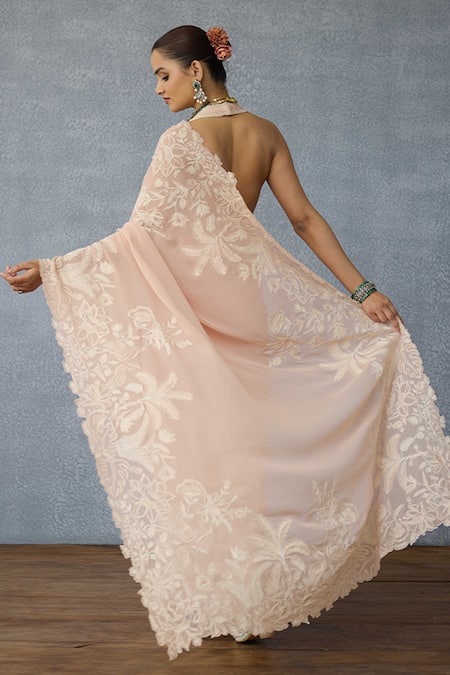 Torani Lace Embroidered Peach Georgette Saree 