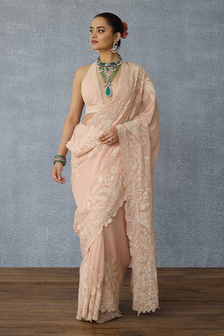 Shop Torani Peach Georgette Embroidery Lace Saree Shop_Torani_Peach Georgette Embroidery Lace Saree