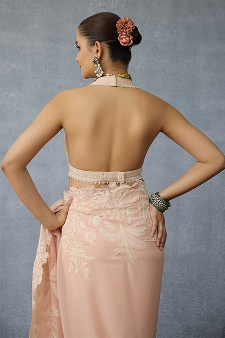 Shop Torani Peach Georgette Halter Neck Gul-mohar Advika Designer Blouse at Aza Fashions Shop_Torani_Peach Georgette Halter Neck Gul-mohar Advika Designer Blouse _at_Aza_Fashions