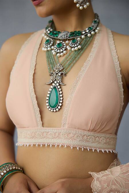 Torani Peach Georgette Halter Neck Gul-mohar Advika Designer Blouse Online at Aza Fashions Torani_Peach Georgette Halter Neck Gul-mohar Advika Designer Blouse _Online_at_Aza_Fashions