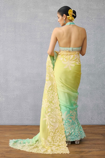 Shop Torani Blue Chiffon Lace Halter Neck Designer Pushkar Advika Blouse at Aza Fashions Shop_Torani_Blue Chiffon Lace Halter Neck Designer Pushkar Advika Blouse _at_Aza_Fashions