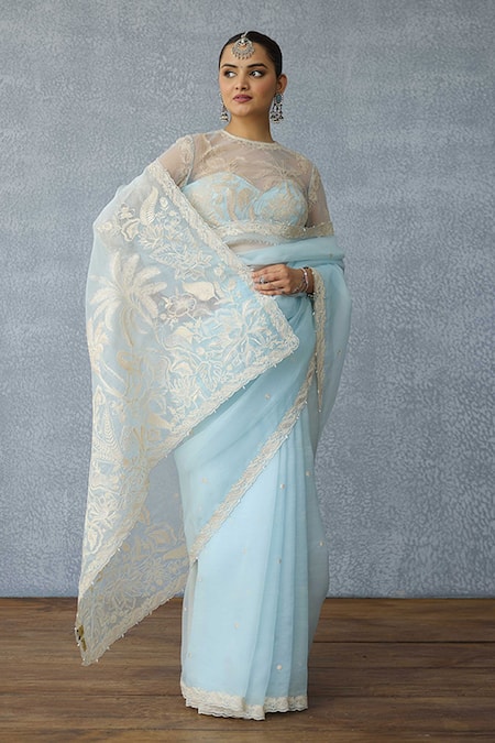 Shop Torani Blue Organza Embroidery Pushkar Damini Saree at Aza Fashions Shop_Torani_Blue Organza Embroidery Pushkar Damini Saree _at_Aza_Fashions