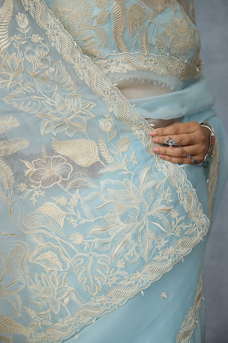 Buy Torani Blue Organza Embroidery Pushkar Damini Saree Buy_Torani_Blue Organza Embroidery Pushkar Damini Saree