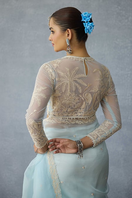 Torani_Blue Net Embroidery Round Neck Pushkar Indira Designer Blouse _Online_at_Aza_Fashions