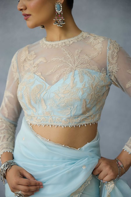 Buy_Torani_Blue Net Embroidery Round Neck Pushkar Indira Designer Blouse _Online_at_Aza_Fashions