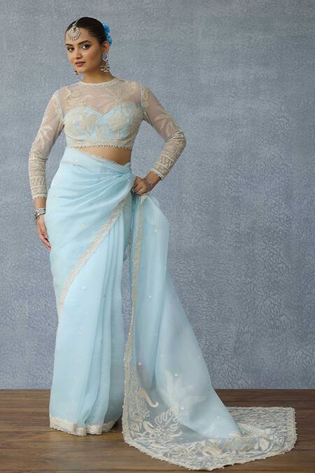 Shop_Torani_Blue Net Embroidery Round Neck Pushkar Indira Designer Blouse _Online_at_Aza_Fashions