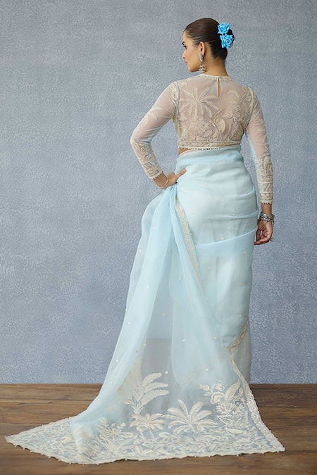 Shop_Torani_Blue Net Embroidery Round Neck Pushkar Indira Designer Blouse _at_Aza_Fashions