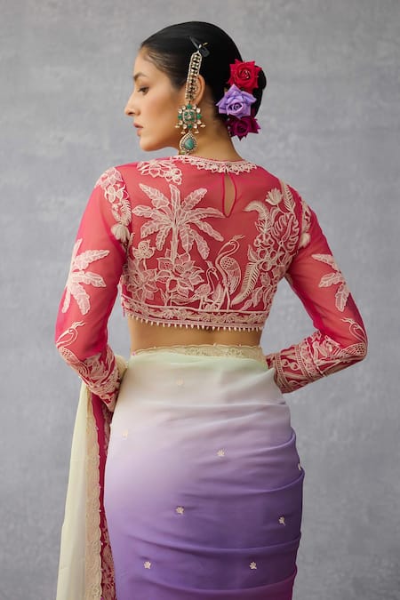 Shop_Torani_Pink Net Embroidery Round Neck Gul-shaam Indira Designer Blouse _at_Aza_Fashions