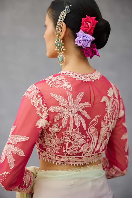 Torani_Pink Net Embroidery Round Neck Gul-shaam Indira Designer Blouse _Online_at_Aza_Fashions
