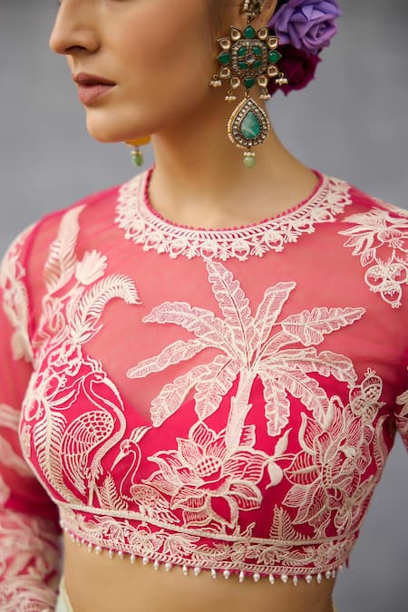 Torani_Pink Net Embroidery Round Neck Gul-shaam Indira Designer Blouse _at_Aza_Fashions
