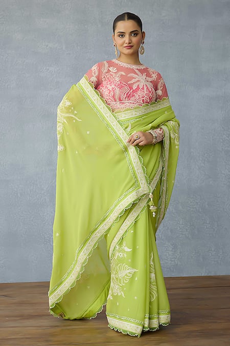 Torani_Pink Net Embroidery Round Neck Gul-sahar Indira Designer Blouse _Online_at_Aza_Fashions