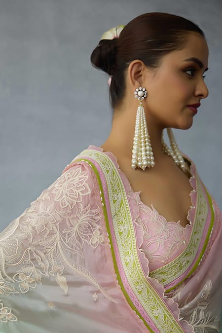 Torani_Pink Net Embroidery V-neck Gulaban Ziya Bralette _Online_at_Aza_Fashions