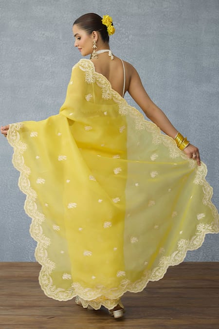 Shop Torani Yellow Organza Embroidery Kasmai Brinda Saree at Aza Fashions Shop_Torani_Yellow Organza Embroidery Kasmai Brinda Saree _at_Aza_Fashions