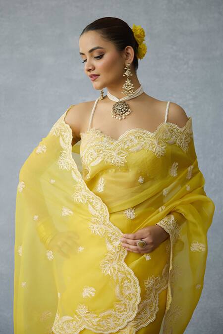 Buy Torani Yellow Organza Embroidery Kasmai Brinda Saree Online at Aza Fashions Buy_Torani_Yellow Organza Embroidery Kasmai Brinda Saree _Online_at_Aza_Fashions