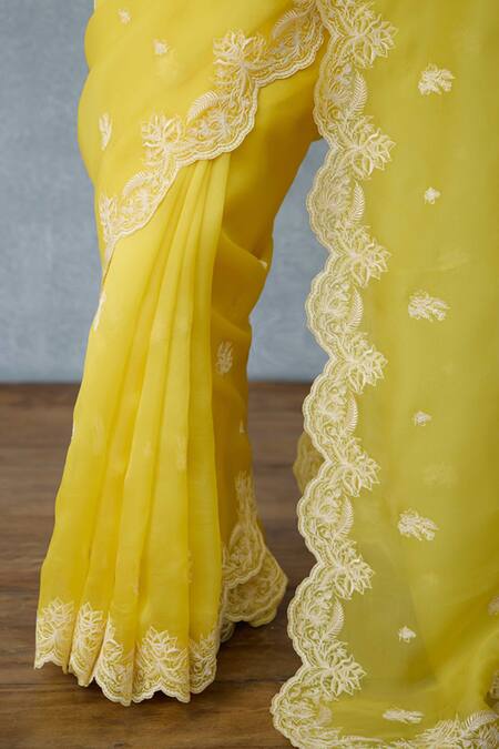 Shop Torani Yellow Organza Embroidery Kasmai Brinda Saree Online at Aza Fashions Shop_Torani_Yellow Organza Embroidery Kasmai Brinda Saree _Online_at_Aza_Fashions