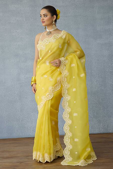 Buy Torani Yellow Organza Embroidery Kasmai Brinda Saree Buy_Torani_Yellow Organza Embroidery Kasmai Brinda Saree
