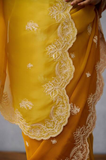 Shop Torani Yellow Organza Embroidery Gairik Brinda Designer Saree Online at Aza Fashions Shop_Torani_Yellow Organza Embroidery Gairik Brinda Designer Saree _Online_at_Aza_Fashions
