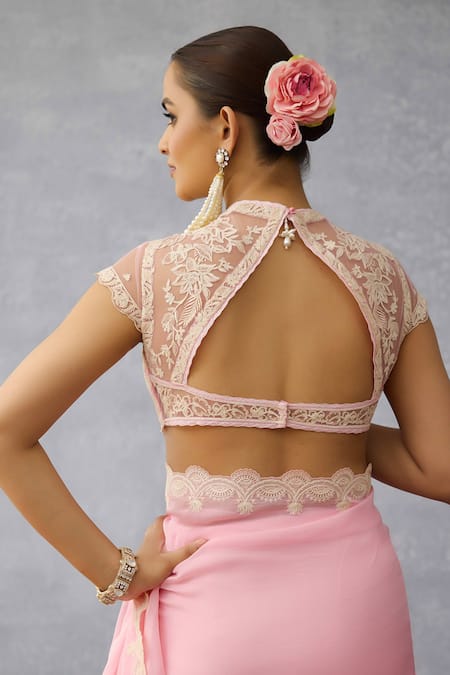 Shop Torani Pink Net Pearls, Lace Round Neck Gulaban Damini Blouse at Aza Fashions Shop_Torani_Pink Net Pearls, Lace Round Neck Gulaban Damini Blouse _at_Aza_Fashions