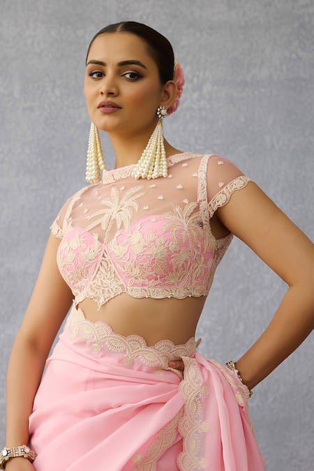 Torani Pink Net Pearls, Lace Round Neck Gulaban Damini Blouse Online at Aza Fashions Torani_Pink Net Pearls, Lace Round Neck Gulaban Damini Blouse _Online_at_Aza_Fashions