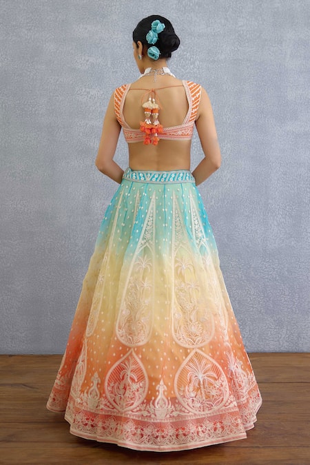 Shop Torani Multi Color Tassels, Embroidery Sweetheart Neck Godhuli Meera Lehenga Set at Aza Fashions Shop_Torani_Multi Color Tassels, Embroidery Sweetheart Neck Godhuli Meera Lehenga Set _at_Aza_Fashions