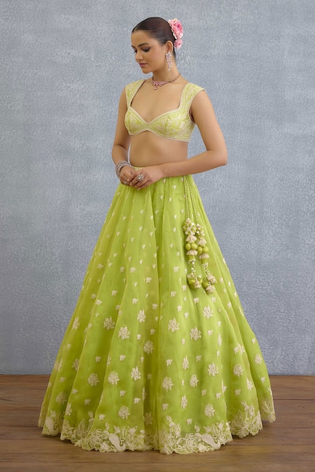 Shop Torani Green Pom-poms, Embroidery, Tassels Sweetheart Neck Angoori Avani Lehenga Set at Aza Fashions Shop_Torani_Green Pom-poms, Embroidery, Tassels Sweetheart Neck Angoori Avani Lehenga Set _at_Aza_Fashions