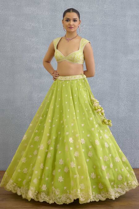 Shop Torani Green Pom-poms, Embroidery, Tassels Sweetheart Neck Angoori Avani Lehenga Set Shop_Torani_Green Pom-poms, Embroidery, Tassels Sweetheart Neck Angoori Avani Lehenga Set