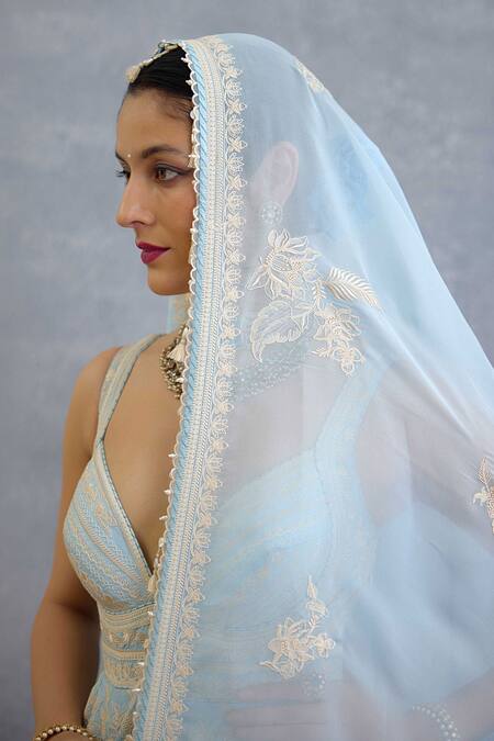 Shop Torani Blue Organza Embroidery V-neck Anarkali Kurta Set Online at Aza Fashions Shop_Torani_Blue Organza Embroidery V-neck Anarkali Kurta Set _Online_at_Aza_Fashions