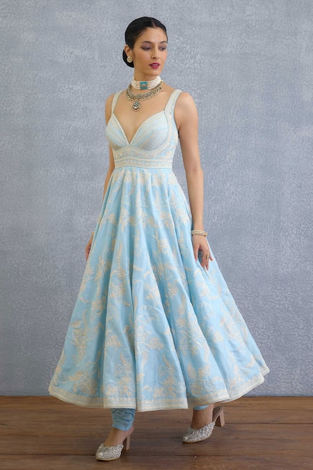 Torani Blue Organza Embroidery V-neck Anarkali Kurta Set at Aza Fashions Torani_Blue Organza Embroidery V-neck Anarkali Kurta Set _at_Aza_Fashions