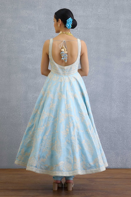 Shop Torani Blue Organza Embroidery V-neck Anarkali Kurta Set at Aza Fashions Shop_Torani_Blue Organza Embroidery V-neck Anarkali Kurta Set _at_Aza_Fashions