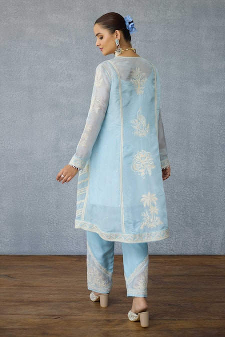 Shop_Torani_Blue Silk, Organza, Crepe Embroidery Keyhole Neck Kurta Set _at_Aza_Fashions