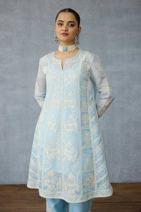 Torani_Blue Silk, Organza, Crepe Embroidery Keyhole Neck Kurta Set _Online_at_Aza_Fashions