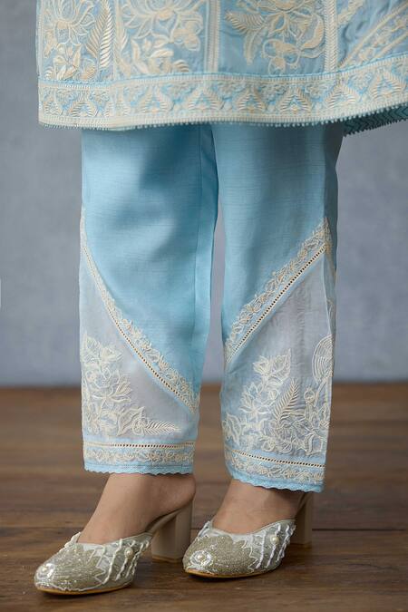 Buy_Torani_Blue Silk, Organza, Crepe Embroidery Keyhole Neck Kurta Set _Online_at_Aza_Fashions