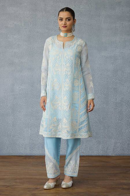 Shop_Torani_Blue Silk, Organza, Crepe Embroidery Keyhole Neck Kurta Set _Online_at_Aza_Fashions