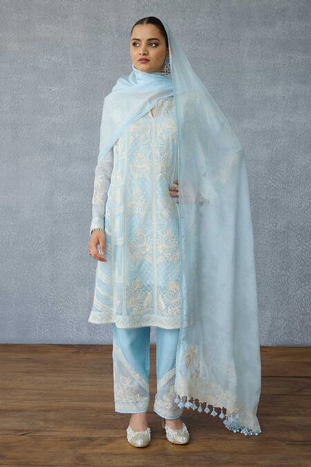 Torani_Blue Silk, Organza, Crepe Embroidery Keyhole Neck Kurta Set _at_Aza_Fashions