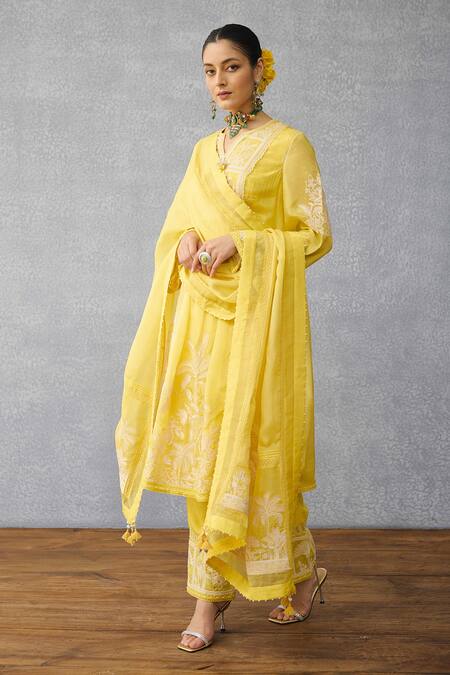 Buy_Torani_Yellow Silk, Organza, Crepe Embroidery Kurta Set _Online_at_Aza_Fashions