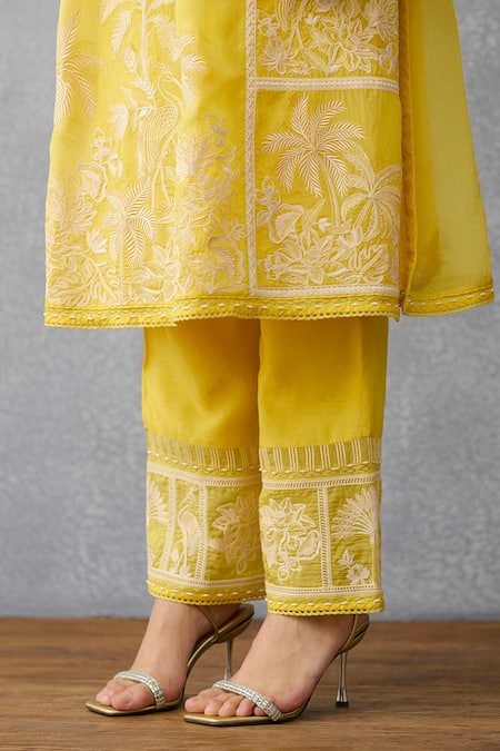 Torani_Yellow Silk, Organza, Crepe Embroidery Kurta Set _at_Aza_Fashions
